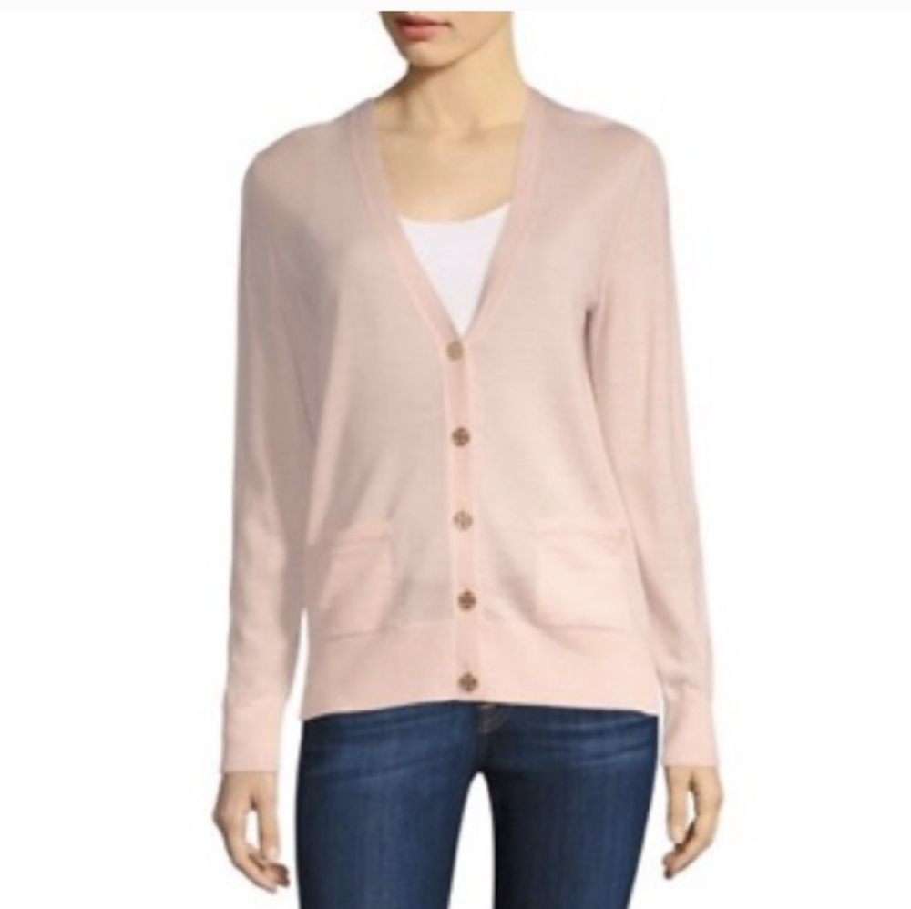 Tory Burch Pale Pink peach Cardigan logo golden buttons Sz XL